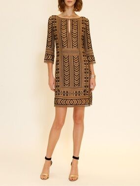 ST. JOHN READY TO WEAR Spring 2017 Brown Gold Patterned Shift Dress Sparkle Sz 4